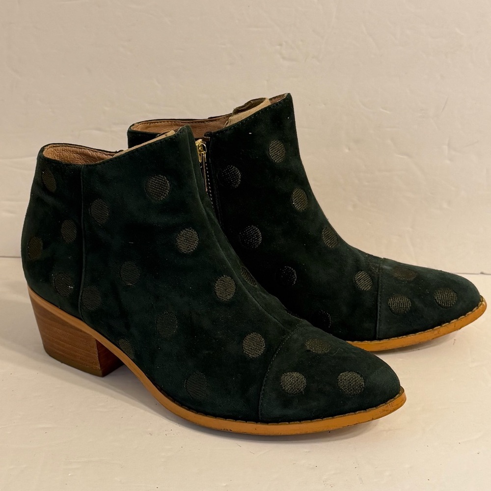 Anthropologie Suede Green Polka Dot Booties Sz 6.5 M Western Boho Cottage